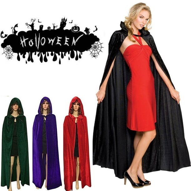 Adult Halloween Velvet Hooded Cape Cloak Costume Witch Party Cosplay Fancy Dress